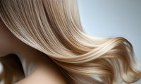 Flowing blonde hair with natural highlights and waves against light background, showcasing healthy, shiny texture and movement for beauty and haircare advertising.