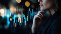 Professional businesswoman analyzing financial data charts and market trends on digital display for investment strategy and trading decisions.