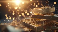 Gold bars stacked with glittering particles and bokeh lights against dark background, dramatic lighting creates luxury atmosphere for financial concepts.