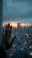 Hand touching rainy window at sunset with blurred city lights in background, creating atmospheric mood of contemplation and longing.