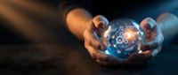Hands holding glowing sphere with digital network connections and gear symbols, representing technology innovation, business solutions, and global connectivity for corporate and tech industry use.