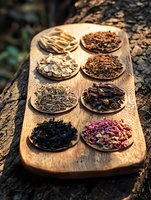 Assorted loose tea leaves and herbal blends arranged on wooden spoons displayed on rustic serving board. Natural sunlight highlights diverse colors and textures.