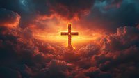 Dramatic Christian cross silhouette against fiery sunset sky with glowing orange clouds and divine light rays breaking through stormy atmosphere. Religious concept.