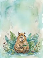 Watercolor capybara sitting among tropical plants and ferns with soft green background for nature designs and wildlife illustrations.