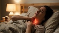 Young Asian woman experiencing severe sore throat pain lying in bed at night with glowing red inflammation area, illness and healthcare concept.