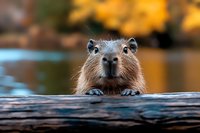 Curious capybara peeking over wooden log at water's edge against blurred autumn background with golden bokeh, close-up portrait showing detailed fur and expressive eyes.