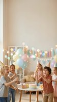 Happy children celebrating birthday party with cake balloons and bubbles in bright room for party planning and celebration events.