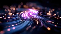 Digital data streams flowing with purple and orange light effects creating dynamic technology visualization for modern business presentations.