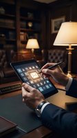Businessman in formal attire holding tablet with email and communication icons in luxury office environment with warm lighting and wooden furniture for business technology concepts.