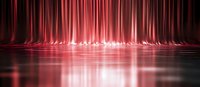Red velvet stage curtain with dramatic lighting and reflection on glossy floor, creating theatrical atmosphere for performance arts and entertainment background.
