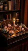 Mystical altar setup with pentagram, crystals, candle and sage bundle on ornate wooden table in library setting for spiritual practices.