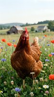 Brown hen standing in colorful wildflower meadow with red poppies and blue cornflowers on rural farm with barn and countryside landscape background.