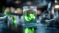 Glowing green spiral DNA helix floating in glass jar against dark background, mysterious scientific laboratory atmosphere with ethereal light effects.