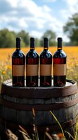 Four wine bottles with blank kraft labels arranged on rustic wooden barrel against blurred summer meadow background, warm sunlight illuminating red wine through glass.