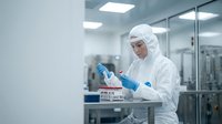 Laboratory technician in protective suit conducting research in sterile cleanroom environment for pharmaceutical manufacturing and quality control testing.