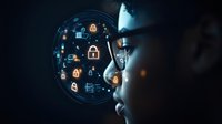 Young Asian woman in glasses with digital security interface overlay showing padlock icons and network connections, highlighting cybersecurity concepts.