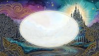 Mystical fantasy landscape with ornate oval frame, castle silhouette and cosmic sky for magical storytelling and fairy tale designs.