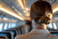 Flight attendant with elegant hair bun viewed from behind in airplane cabin with warm lighting and bokeh effects creating luxurious travel atmosphere.