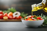 Pouring extra virgin olive oil over fresh Mediterranean salad with colorful vegetables in white ceramic bowl on dark background, selective focus on oil stream.
