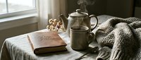 Cozy rustic still life with vintage book, steaming ceramic teapot, mug, and knit blanket on linen table by window in soft natural light.