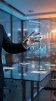 Businessman analyzing SEO performance data on futuristic holographic interface with charts and graphs in modern office environment for digital marketing strategy.