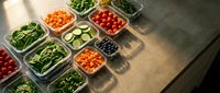 Fresh vegetables and ingredients organized in glass containers for meal prep planning and healthy cooking preparation on kitchen counter.