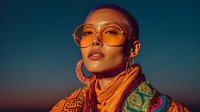 Young Asian woman wearing oversized orange sunglasses and colorful patterned scarf against sunset sky for fashion and lifestyle content.