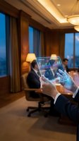 Businessman using futuristic holographic tablet displaying financial data analytics in modern corporate boardroom meeting environment.