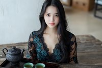 Young Asian woman in elegant black lace dress with teal details enjoying traditional tea ceremony at wooden table with antique teapot and ceramic cups.