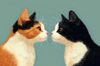 Calico and black-white cats facing each other in profile against sage green background, creating symmetrical composition for pet-themed designs.