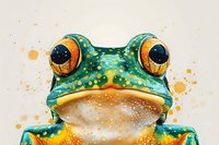 Vibrant watercolor tree frog portrait with large golden eyes and turquoise skin, featuring expressive face and detailed texture against light background with orange splashes.