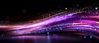 Glowing purple and pink light waves with sparkles and bokeh effects flow across dark background creating magical abstract motion design element.