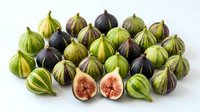 Fresh figs collection with green and purple varieties isolated on white background. Healthy organic fruit for cooking and nutrition concepts.