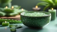 Green sea salt crystals in ceramic bowl with aloe vera leaves and candles creating relaxing spa atmosphere for wellness and natural skincare treatments.