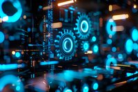 Glowing blue gear wheels and digital elements on dark background with bokeh effect create futuristic technology concept for business automation and AI development.