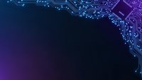 Purple and blue circuit board pattern with glowing connections on dark background for technology and digital innovation concepts.