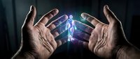 Male hands creating magical blue lightning energy between palms with electric sparks and glowing effects on dark background for fantasy concepts.