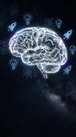Glowing digital brain with light bulbs and rockets on starry space background representing innovation, creativity and technological advancement in artificial intelligence.