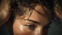 Young woman with wet hair and natural makeup in warm golden light showing contemplative expression and glowing skin for beauty and wellness concepts.