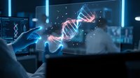 Scientist analyzing DNA double helix hologram on futuristic transparent display in modern laboratory for genetic research and biotechnology applications.