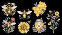 Honey bee clipart set with flowers, honeycomb, and jar on transparent background, ready for stickers, t-shirt design, print on demand, and sublimation.