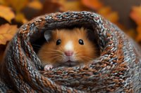 Curious Syrian hamster peeking out from cozy knitted scarf nest against autumn background, close up portrait of adorable pet with bright eyes and orange fur.