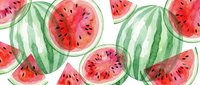 Fresh watermelon slices and whole fruits with green striped rinds scattered on white background. Summer fruit pattern for healthy eating concepts.