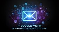 Digital email communication network with glowing envelope icon surrounded by connected technology symbols on dark background for IT development concepts.