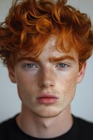 Close up portrait of young redhead male model with bright blue eyes and freckles wearing black t-shirt against light background. Natural beauty concept.