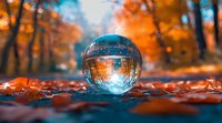 Crystal ball on autumn forest floor reflecting vibrant orange foliage and sunlight, creating magical atmosphere for creative photography and nature-inspired designs.