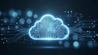 Glowing neon cloud with circuit patterns and digital connections on dark background. Represents cloud computing, data storage, network technology, and cybersecurity infrastructure for tech presentations.