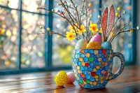 Colorful mosaic mug filled with Easter eggs and spring branches with yellow flowers on wooden table near window, festive holiday decoration with soft bokeh background.