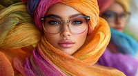 Young Middle Eastern woman wearing colorful hijab in orange and pink tones, modern glasses frames, natural makeup, close-up portrait showing confident expression.
