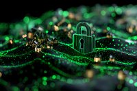 Glowing green padlock symbol over digital landscape with illuminated houses and network connections, representing cybersecurity and data protection concept.